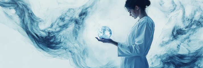 Fototapeta premium A watercolor illustration of a nurse holding a glowing globe, symbolizing hope, healing, care, protection, and future.