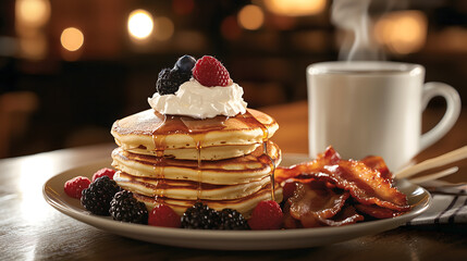 Classic American breakfast stack of golden pancakes topped with whipped cream, berries and syrup and served with bacon and coffee, copy space