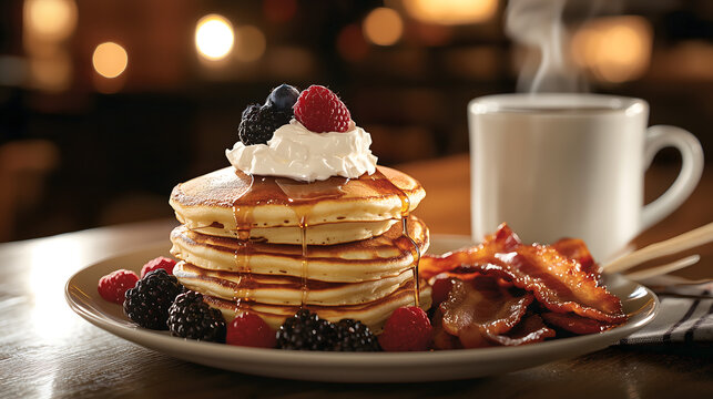 Classic American breakfast stack of golden pancakes topped with whipped cream, berries and syrup and served with bacon and coffee, copy space