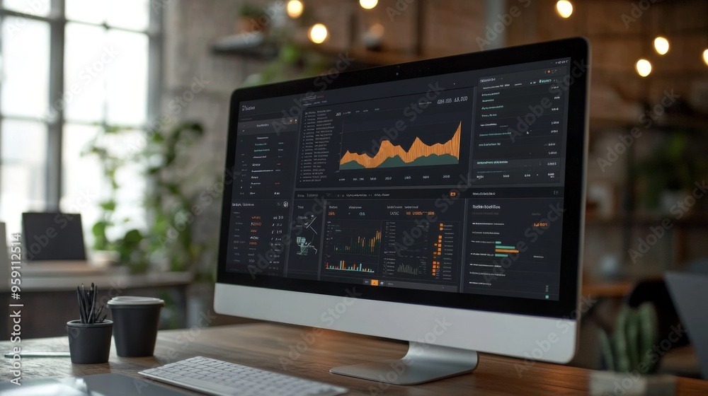 Poster a high-resolution image of a business dashboard on a monitor, featuring real-time graphs and analyti