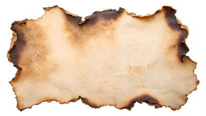 Obraz premium A piece of charred, burned paper with dark, scorched edges isolated on a transparent background. Ideal for vintage, retro, or old document concepts. High resolution, detailed clipart