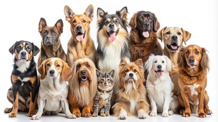 Portraits of different dog breeds on a white background