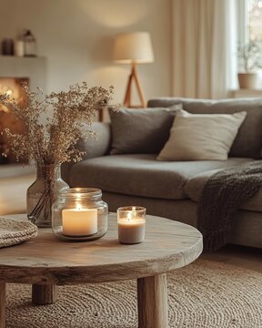 A cozy loft living room with a lit candle on a wooden coffee table and minimalist decor