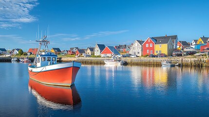 A vibrant coastal village with brightly painted houses, fishing boats in the harbor, and a clear blue sky overhead 