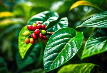 Fototapeta premium close vibrant coffee plant showcasing intricate leaf patterns rich green colors, botanical, foliage, texture, growth, agriculture, crop, seed, structure