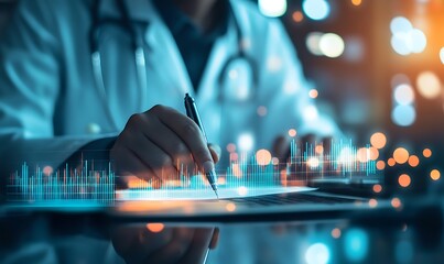 Doctor analyzing data with digital overlay on a laptop