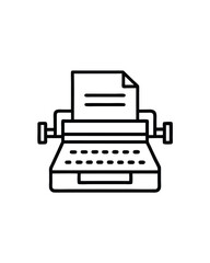 Editable stroke vector illustration of a vintage typewriter with keys and a paper sheet.