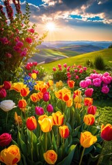 Obraz premium vibrant floral arrangement framing picturesque landscape lush greenery colorful blooms, flowers, petals, colors, nature, garden, decoration, scenery, plants