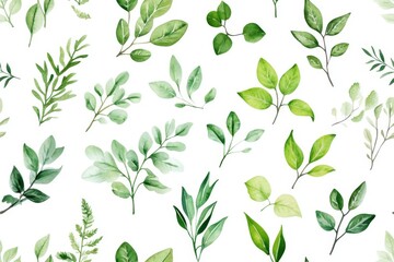 This vibrant pattern showcases diverse leaves in unique shapes and lush green shades, perfect for naturethemed designs, creative projects, and artistic endeavors, conveying freshness and beauty