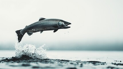 Obraz premium Dynamic and Impressive Shot of a Jumping Salmon in Mid-Air Against a Beautifully Blurred Water Background