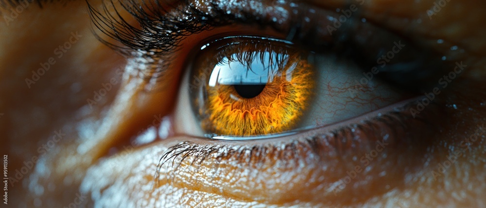 Wall mural A Close-Up of a Human Eye with Golden Iris and Long Eyelashes