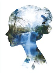 A woman's silhouette is layered with a serene waterfall cascading into a tranquil forest lake, symbolizing the beauty of nature, the connection between humanity and the environment, and the power of i