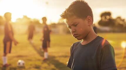 Lonely boy in a blue t-shirt looking away from teammates during a somber soccer practice at sunset on a field.
