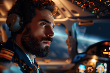 Portrait of an experienced pilot in the cockpit of his aircraft, showing calm and confidence as he prepares to take off to new horizons.