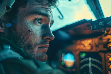 Experienced pilot in the cockpit, radiating calm and confidence before taking flight.