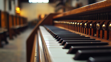 Piano keys in close-up view with blurred church pews in background with shallow depth of field highlighting musical instrument detail