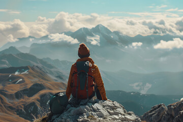 Portrait of an adventurous traveler on a mountaintop, enjoying the panoramic view and the freedom to explore new horizons.