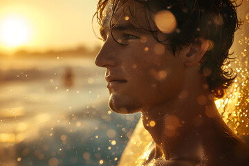 Portrait of a passionate surfer on the beach, enjoying the waves and the freedom of the sea while practicing his favorite sport.