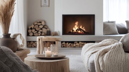 Fototapeta premium Cozy Scandinavian living room with fireplace, hygge elements and inviting atmosphere