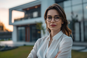Portrait of a professional and reliable real estate agent in front of a modern home, highlighting her ability to understand the unique needs of each client. 