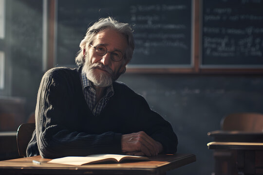 Portrait of a charismatic teacher in the classroom, sharing knowledge and motivating his students with passion and commitment. 