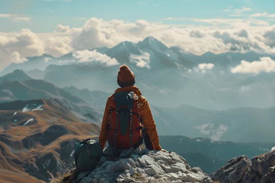 Portrait of an adventurous traveler on a mountaintop, enjoying the panoramic view and the freedom to explore new horizons.