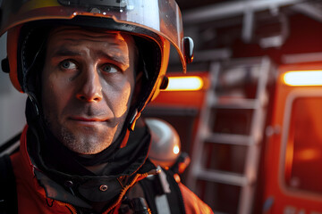 Brave firefighter at the station, prepared for emergencies with determination and courage.