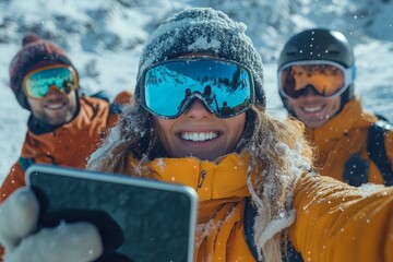group of people in ski equipment, jackets, ski googles and helmets, taking a selfie