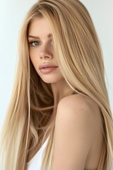 Naklejka premium Beautiful blonde haired with stylish long hairstyle. Woman on white background