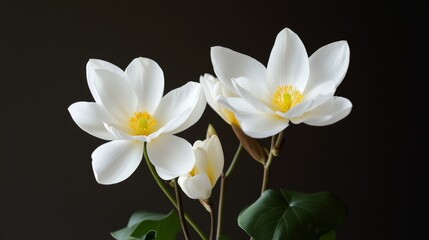 Obraz premium Three delicate white magnolia flowers with yellow centers are displayed against a dark background, showcasing their beauty and symbolizing purity, elegance, and new beginnings. Their soft petals and g