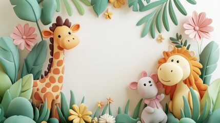 Fototapeta premium Cute jungle animals including a giraffe, a mouse, and a lion in a playful forest setting with lush greenery and flowers.