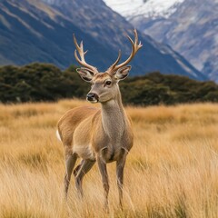 Fototapeta premium Majestic stag standing in golden grassland at twilight in the mountains