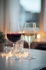 Naklejka premium Two wine glasses, one filled with red wine and the other with white wine, set on a table with soft ambient lighting in a cozy dining atmosphere.