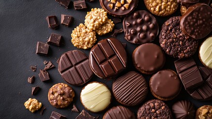 A variety of chocolates and nuts on a black surface