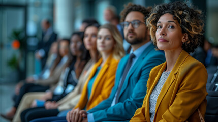 Fototapeta premium group of diverse candidates waiting office lobby, job interview line, multi ethnic, sitting on chairs