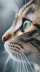 Close-up portrait of cute cat. Detailed image of a cat's face in profile. Fluffy pet is staring at somethin