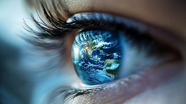 A detailed close-up of an eye with the Earth's globe reflected in it