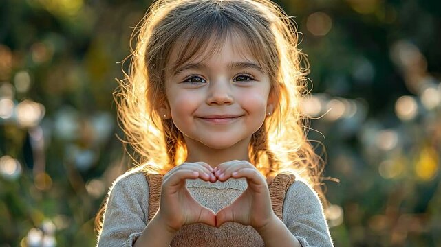 Adorable young girl grinning outside and making a heart gesture