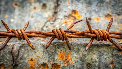 Rusty barbed wire against concrete background