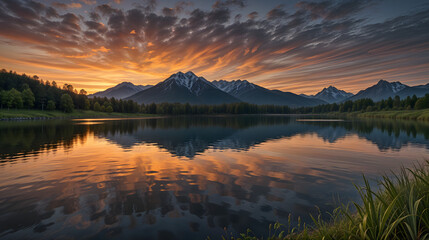 Fototapeta premium Stunning sunset illuminates mountain peaks and calm lake in a serene wilderness landscape