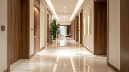 Stylish interior hallway featuring modern design, warm lighting, and elegant decor, perfect for contemporary real estate presentations.