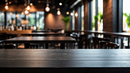 Obraz premium The empty black wooden table top with blur background of restaurant. For product display