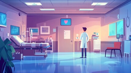 Doctor standing in a hospital room during a colorful flat illustration
