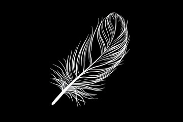 A simple white line drawing on a black background of a delicate feather floating in the air. The contrast emphasizes the lightness and elegance of the feather.