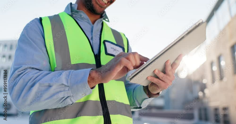 Poster engineering, tablet and hands with man in city for project management, digital blueprint and plannin