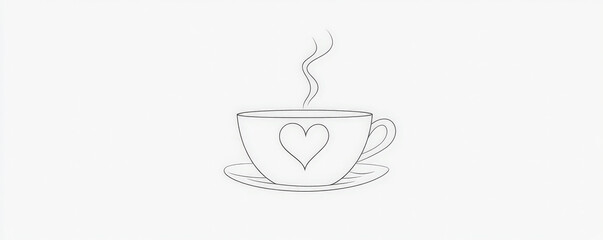 A simple white line drawing of a coffee cup with a heart-shaped steam rising from it. The clean lines and minimalist design create a warm and comforting representation of a coffee break.