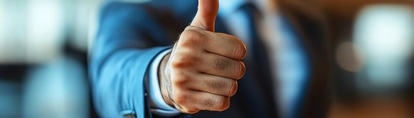 Close-up of a business professional giving a thumbs up, symbolizing approval and confidence in a successful environment.