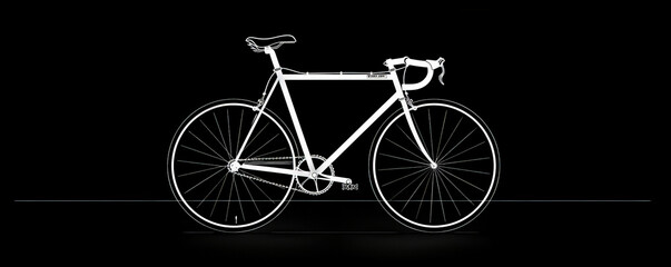 Fototapeta premium A simple white line drawing on a black background of a bicycle with its wheels and frame clearly outlined. The minimalist design stands out sharply against the dark background.