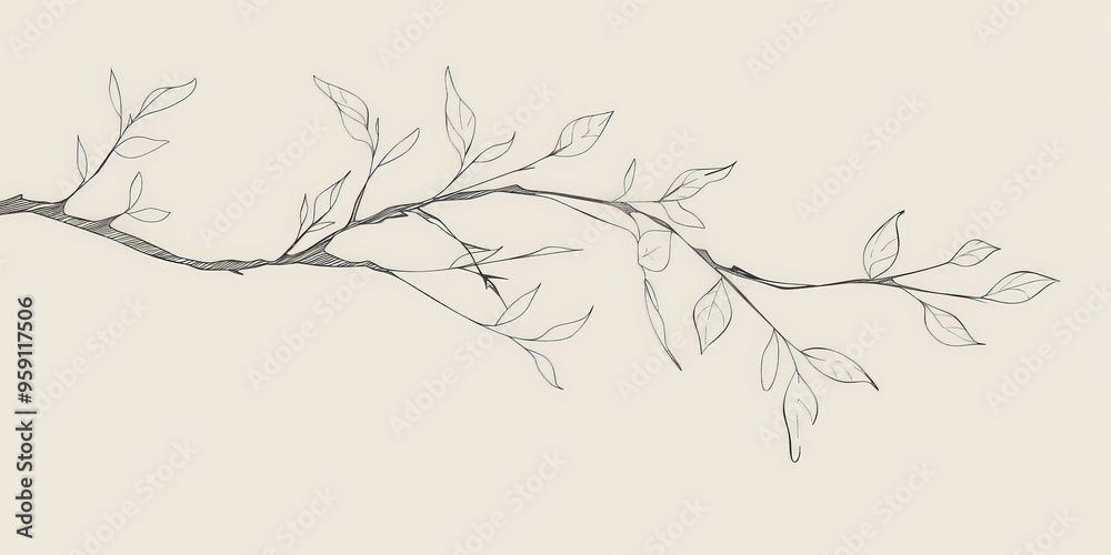 Wall mural a simple white line drawing of a tree branch with a few leaves gently hanging. the clean lines and m