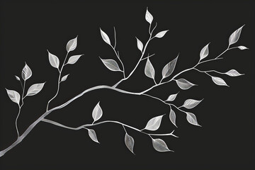A simple white line drawing on a black background of a tree branch with a few leaves. The design emphasizes the delicate balance of nature.